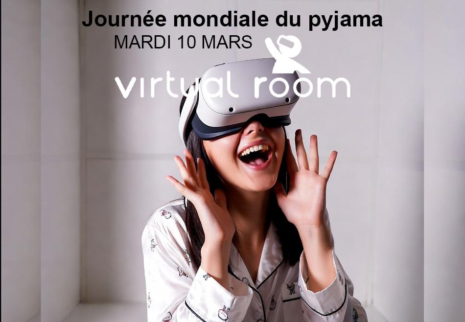 une femme heureuse en pyjama et un casque de réalité virtuelle sur la tête