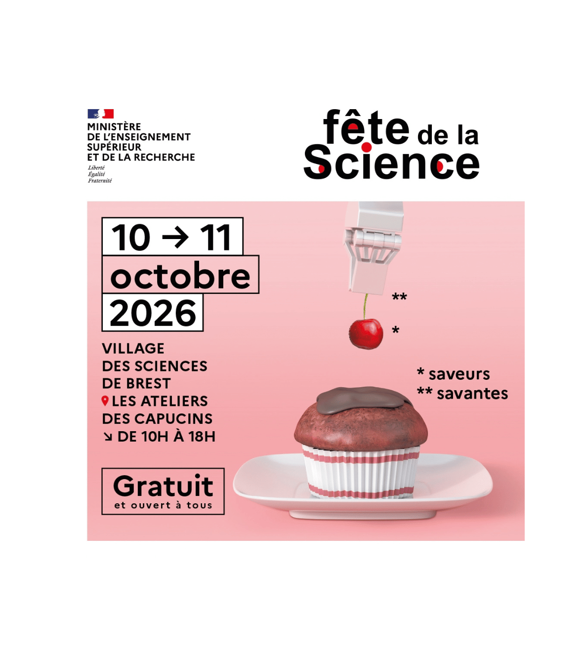 	Affiche du Village des Sciences 2026 aux Ateliers des Capucins le samedi 10 et le dimanche 11 octobre 2026.
